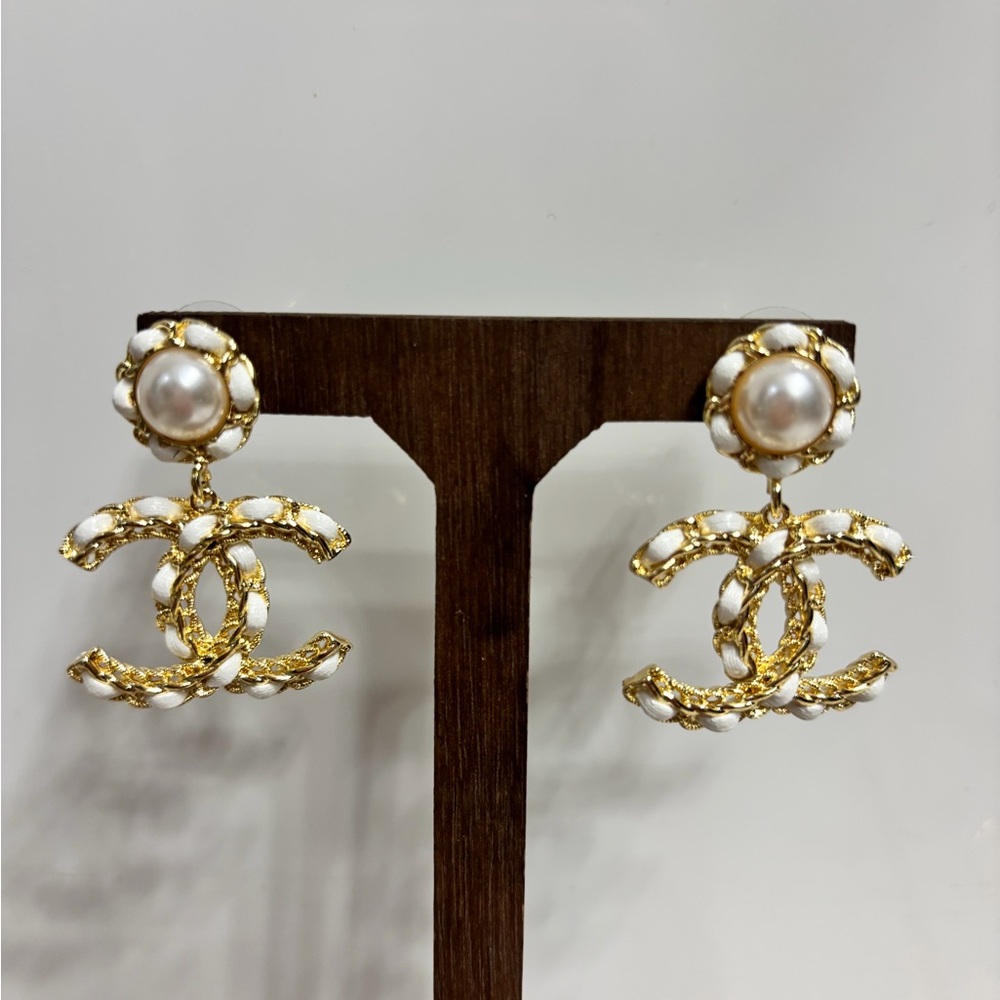 Pearl & Gold-Tone Interlocking Logo Drop Earrings